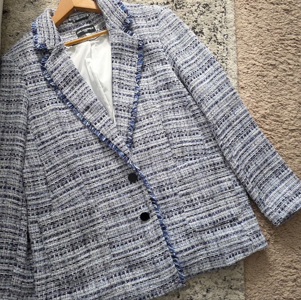 Karl Lagerfeld Tweed Blazer Jacket Womens 14 Blue White Preppy Academia Chic - Picture 3 of 8
